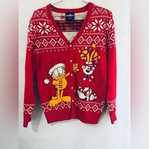 Garfield and Odie Christmas Ugly Sweater Adults Button-Up Knit Cardigan L